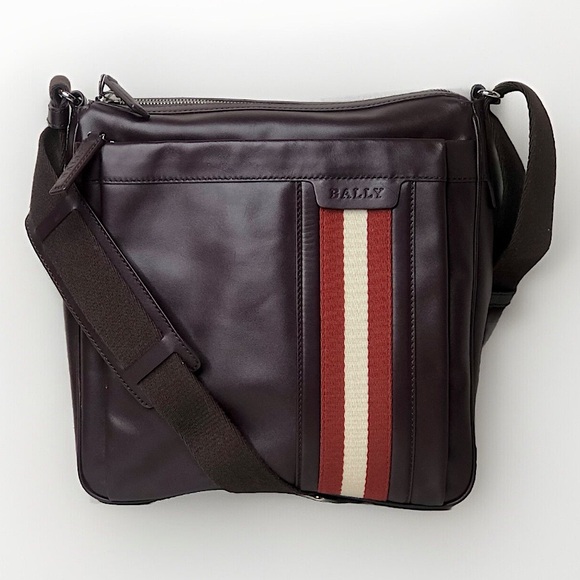 BALLY Brown Calfskin Top Zip Crossbody Messenger Shoulder Bag w. Striped Strap - Picture 1 of 17